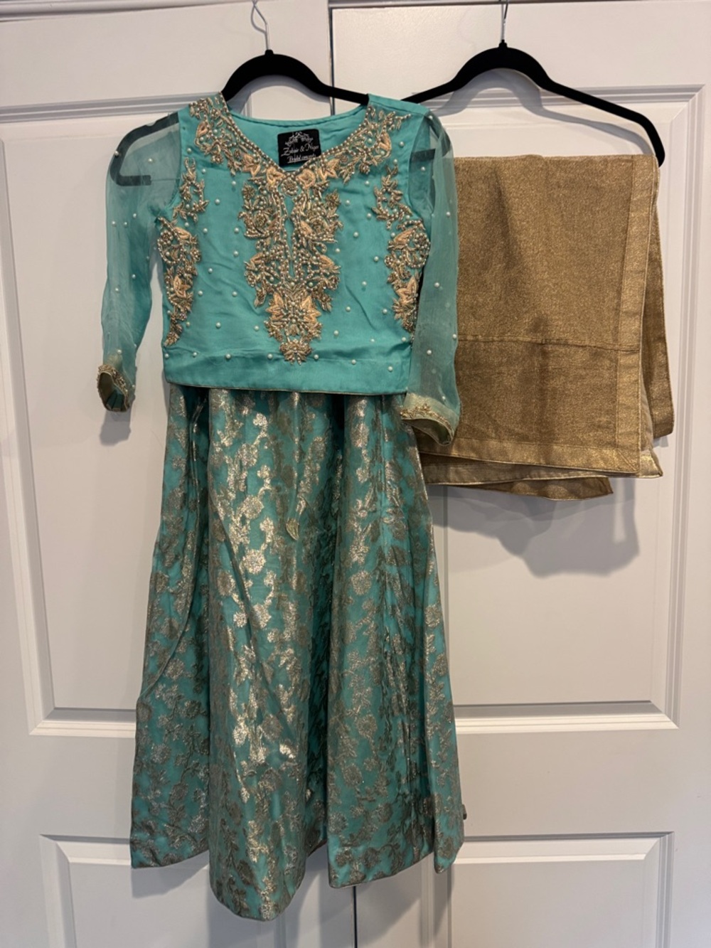 Source Unknown Teal and Gold Embroidered Formal Kids Dress with Shawl